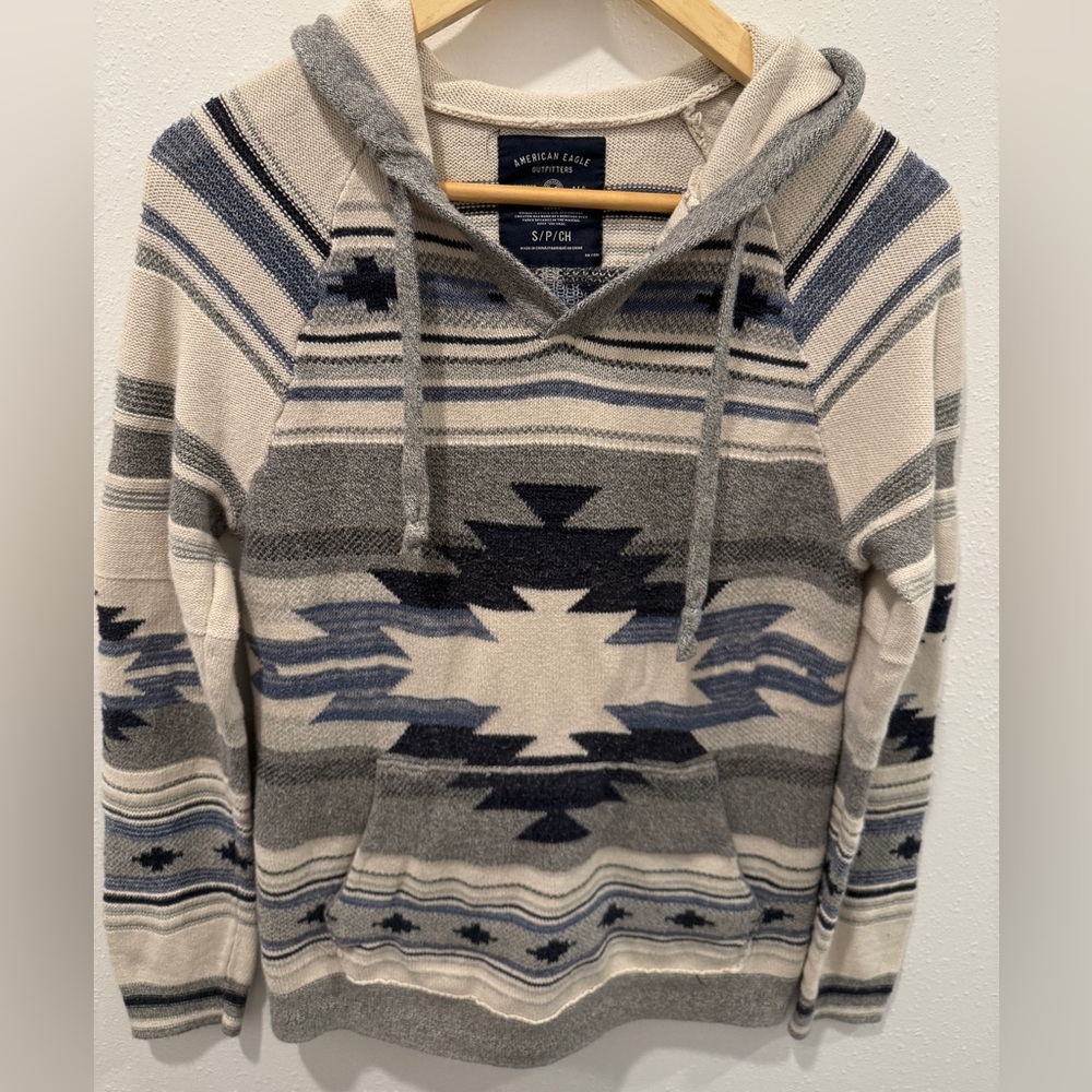 American Eagle Small Pullover Sweater Aztec Hooded Tribal Hoodie Y2K Blue Gray